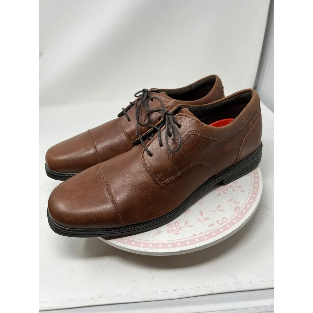 ROCKPORT Men's Shoes 10 Brown Leather Cap Toe Oxford truTECH Slip Resistant Lace